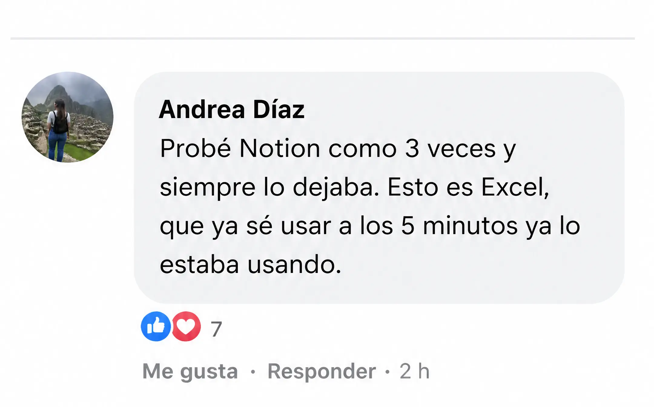 Comentario de Andrea Díaz: dejó Notion y empezó a usar la plantilla de Excel a los cinco minutos