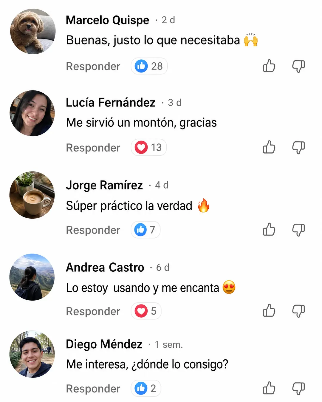 Captura de comentarios: Me sirvió un montón, Súper práctico y Lo estoy usando y me encanta