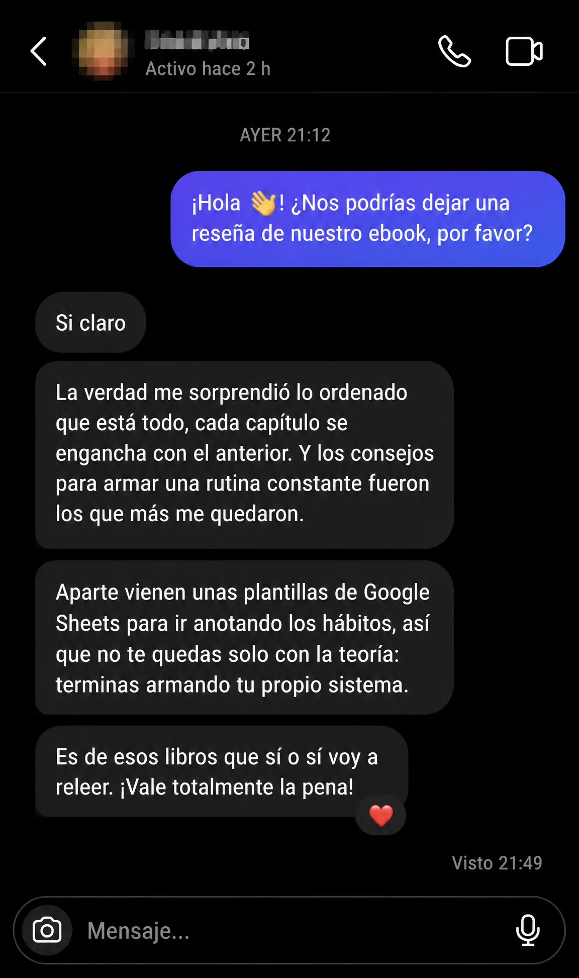 Reseña por mensaje sobre el orden de los capítulos y las plantillas de Google Sheets